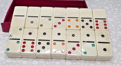 Vintage Dominoes Set Double Six | 28 White Tile | Vinyl Case | Multi Color Dots
