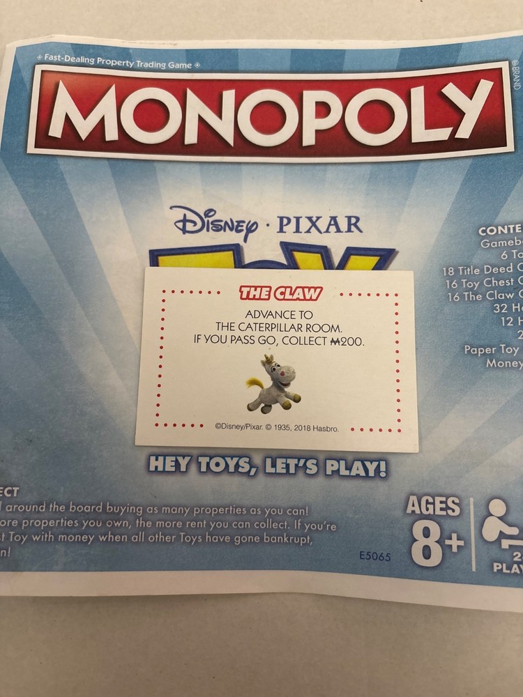 2018 Monopoly Toy Story Advance To Caterpillar Room Chance Claw Card Game