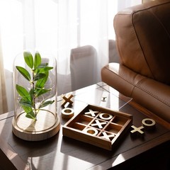 Decorative Gold and Wood Tabletop Tic Tac Toe Game Set with Storage Box