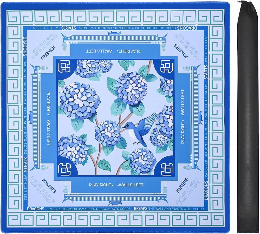 Blue American Learning Mahjong Mat (33”X33”) with Black Carrying Bag, Anti-Slip,