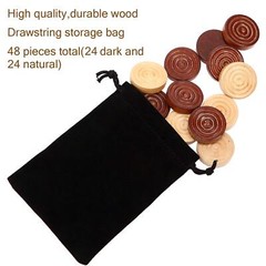 48 Pcs Wooden Checker Pieces with Stackable Ridge In Drawstring Storage Pouch