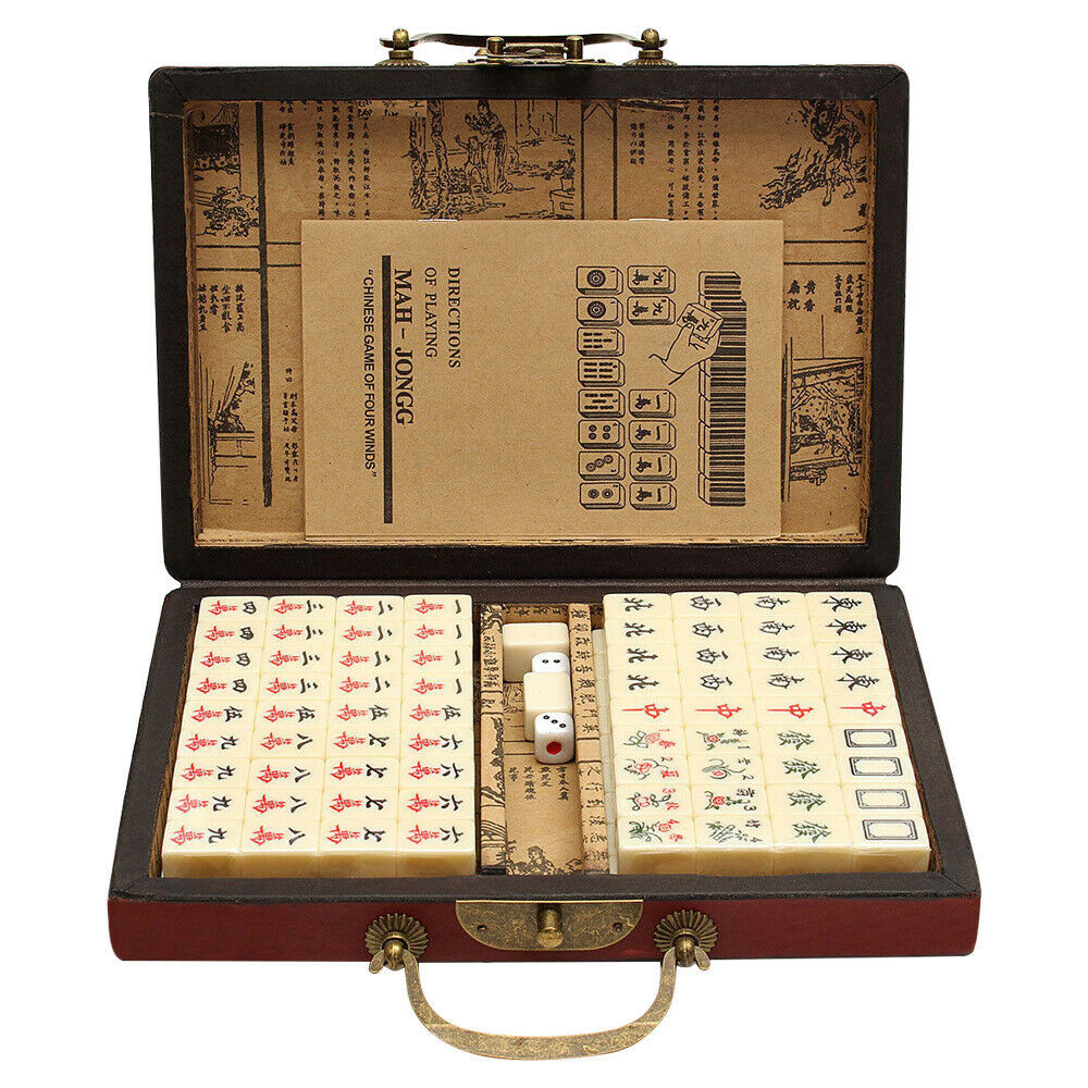 Vintage Chinese Mahjong Set Traditional 144 Tiles Mah-Jong Game Set W/ Case Box