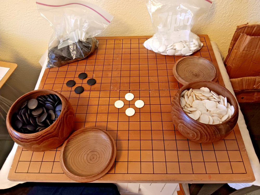 Vintage Go Game Set, Real Traditional Seashell and Slate Pieces, folding Used.