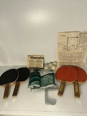 Ping Pong Set Vintage 4 Paddles Balls Rule Book Net Table Tennis