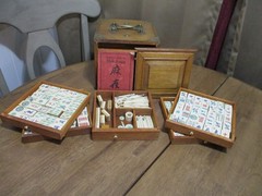 Antique Mahjong 5 Drawer Wood Box Set Bamboo Bone Mah-Jongg