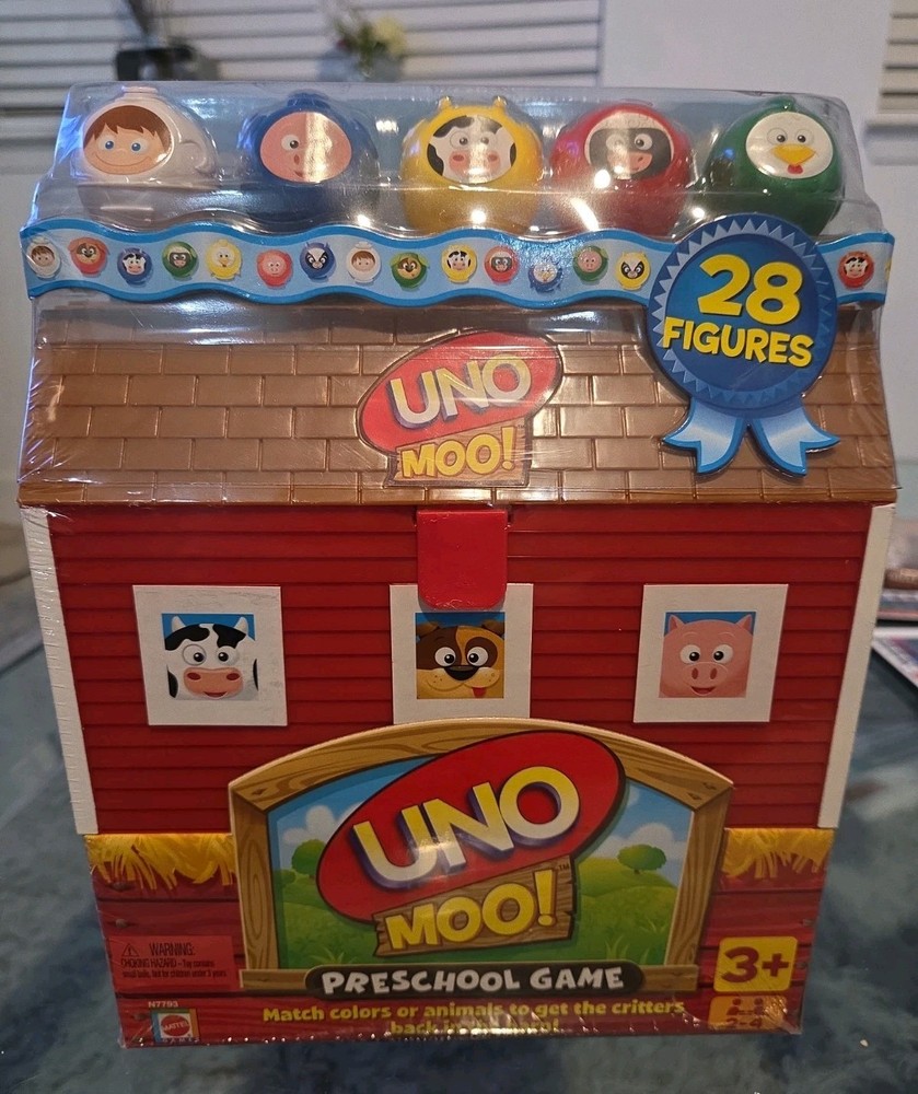 MATTEL Uno Moo! Preschool Game 28 Figures, Barn Carry Case, Farm Animals -SEALED