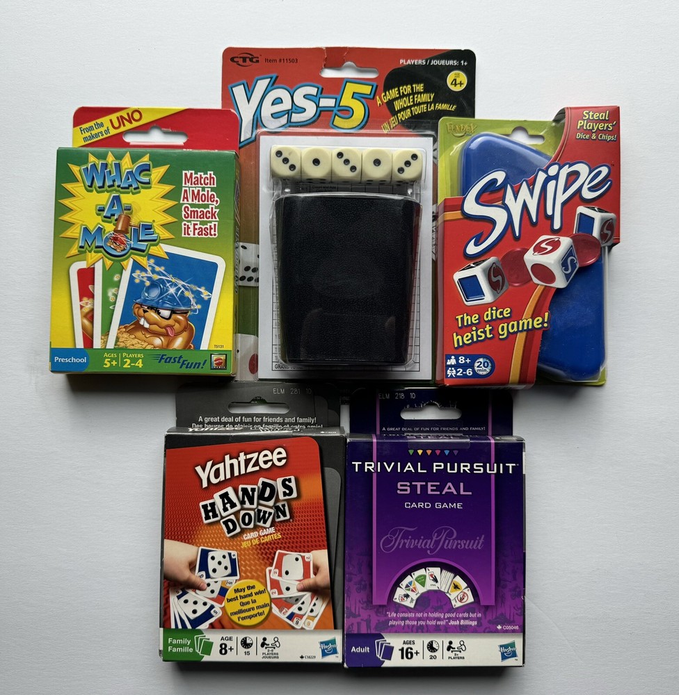 Lot Of 5 Family Card Games, Swipe, Trivial Pursuit Steal,Yahtzee, Yes-5, Whac..