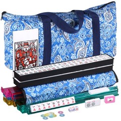 166 Tiles American Mahjong Set 4 Mahjong Rack Game with Pushers & Blue Carry Bag