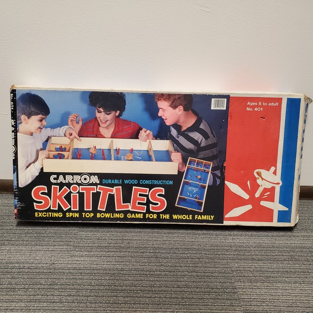 Vintage Carrom Skittles Spin Top Bowling Game Complete With 2 Tops 12 Pins #401