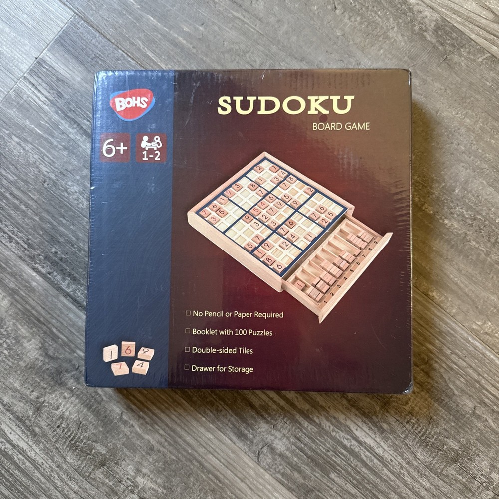 BOHS Wooden Sudoku Board Game w/Drawer 100 Puzzles for Adults & Kids NEW/SEALED