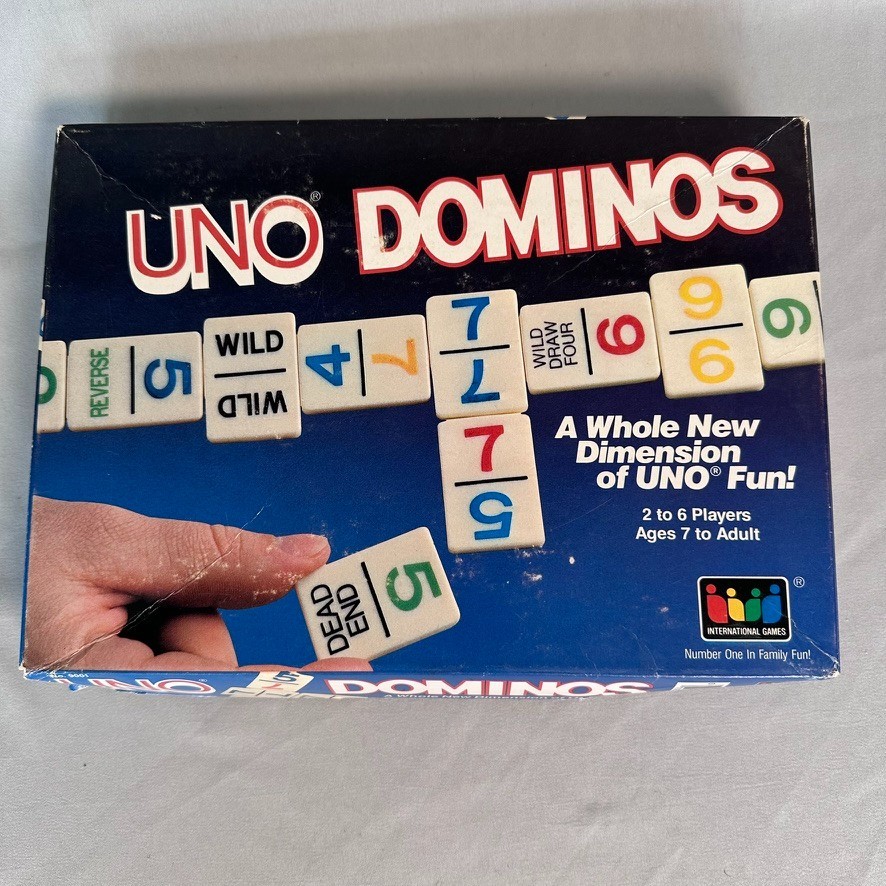 Vintage UNO Dominos Game 1986 International Games Complete 81 Tiles 6 Racks