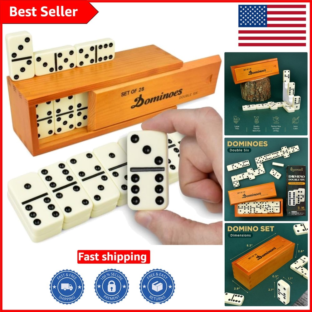 Queensell Jumbo Dominoes Set for Family Fun – 28 Double 6 Tiles in Wooden Box