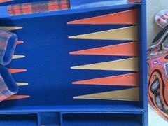 Vintage Wooden Backgammon Game Red, Blue, Gold Multicolored Complete Has All Pcs