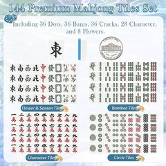 Chinese Mahjong Tiles Set,30mm 144 Mahjong Game with Portable Storage Bags, 4…