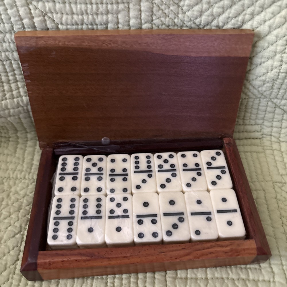 Vtg Wooden Mini Domino Set Complete 28 Pieces Floral Marquetry Inlay Box Game