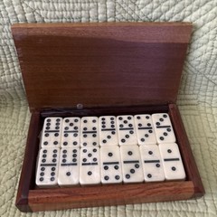 Vtg Wooden Mini Domino Set Complete 28 Pieces Floral Marquetry Inlay Box Game