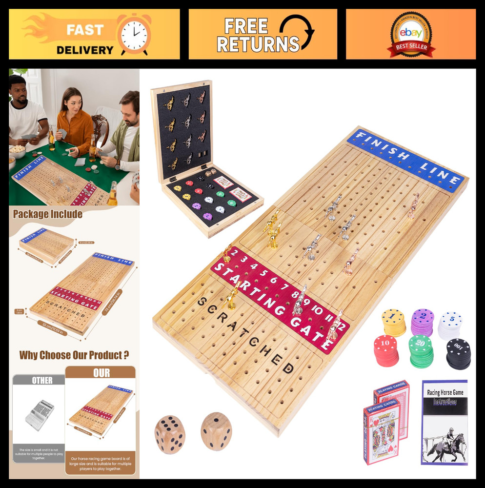 Extra Large 28″ Foldable Horse Race Board Game – Wood Chessboard, Metal Horses,