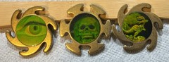 3 HOLOGRAM SLAMMERS T-REX SKULL EYE BRASS SAW BLADE HOLOGRAPHIC VINTAGE 1990s