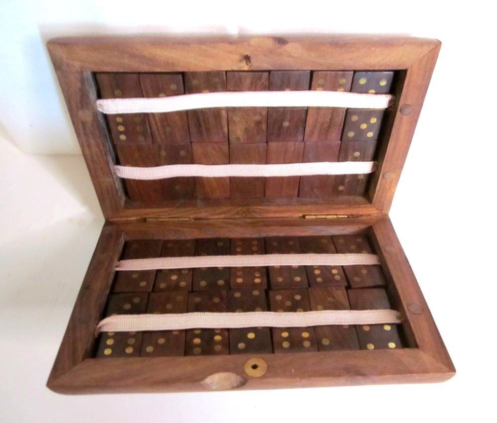 Creative Co-Op Wood & Brass Inlay Domino Set 28 Double-Six Tiles Wood Case