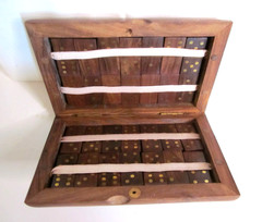 Creative Co-Op Wood & Brass Inlay Domino Set 28 Double-Six Tiles Wood Case