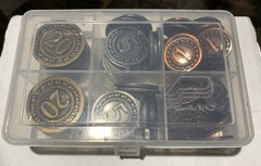 Generic, Modern, or Sci fi Metal Board Game Coins with Plastic Storage Box