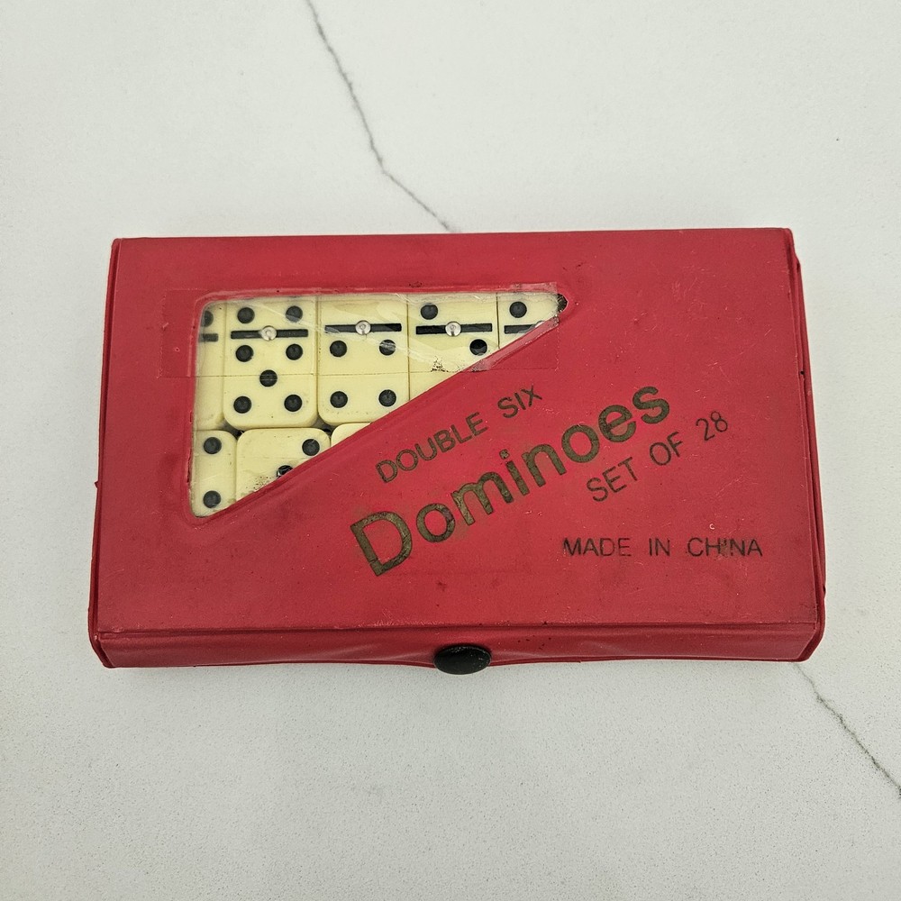 Double Six Dominoes Set Red Faux Leather Case Travel Compact Game