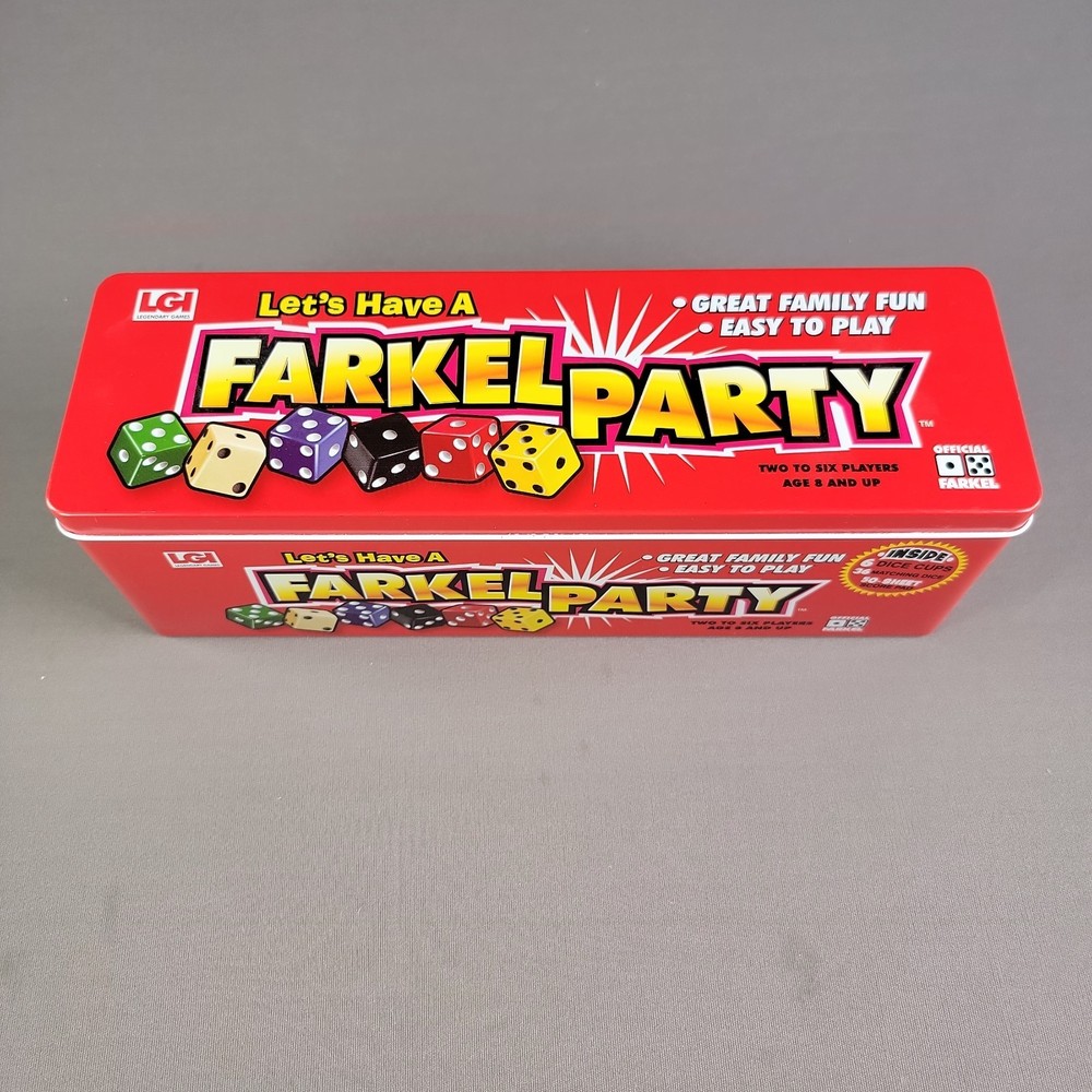 Farkel Party Dice Game Complete w. score cards & instructions original metal box