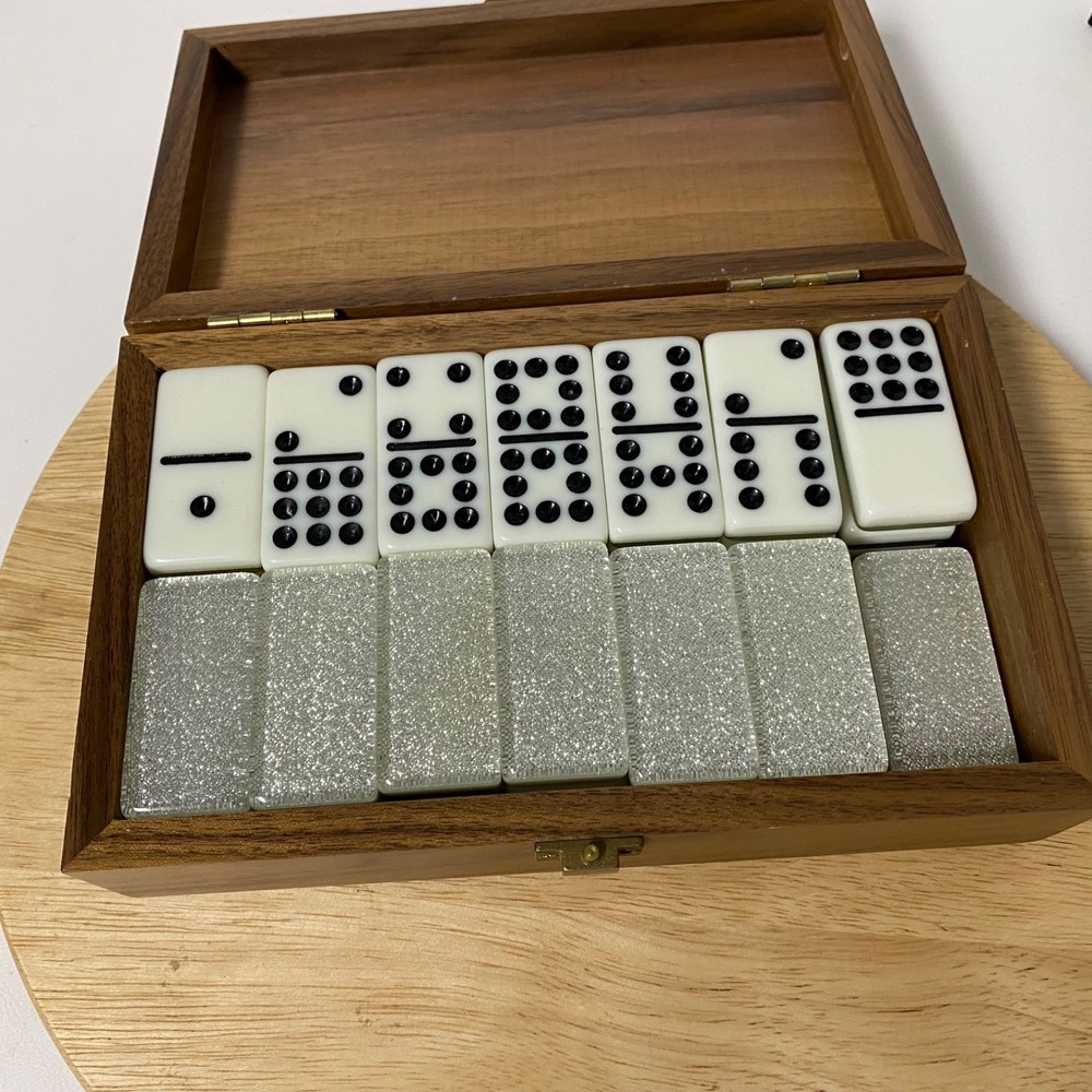Vintage 70’s PAVILLION Set Of 55 Metallic Silver And White Dominos In Wood Case
