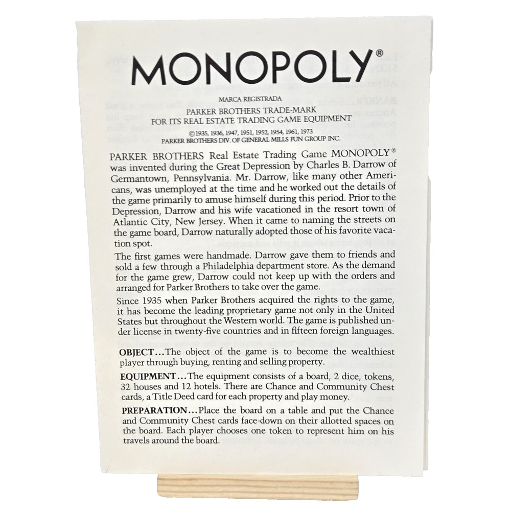 Vintage Classic Monopoly Game Replacement Instruction Manual Rules Booklet ©1973