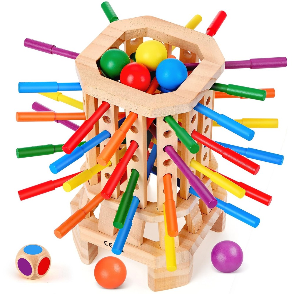 Montessori Wooden Board Game, Colorful Sticks & Ball Drop Games for Kids, Fine