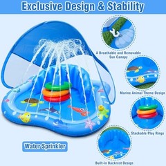 Inflatable Baby Pool Float with Canopy Backrest & Stackable Rings Water iGeeKid