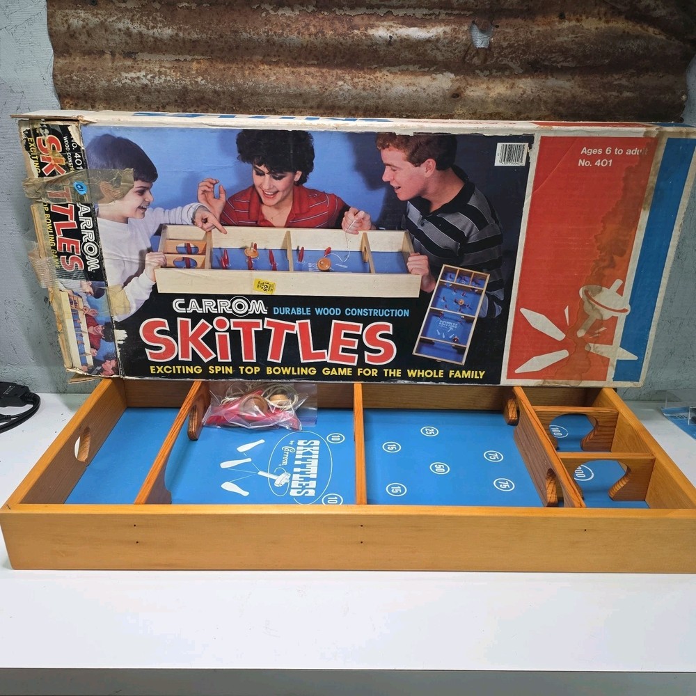 Vintage Carrom Skittles Spin Top Bowling Game 2 Tops, 12 Pins, String, Box. #401