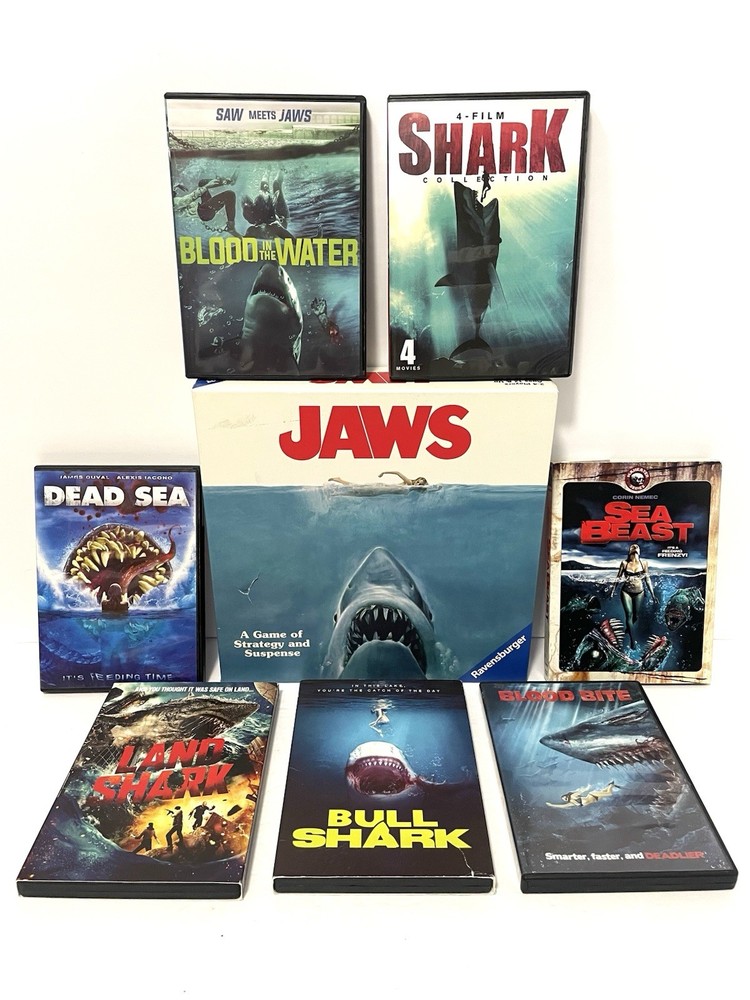 SHARK WEEK! Jaws Game & DVD Bundle. JAWS Board Game New & 7 Shark DVDS Used
