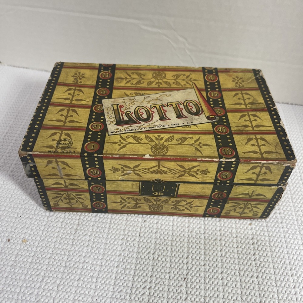 Antique Lotto Game Cardboard Box Wooden Numbers Very Unique Bingo