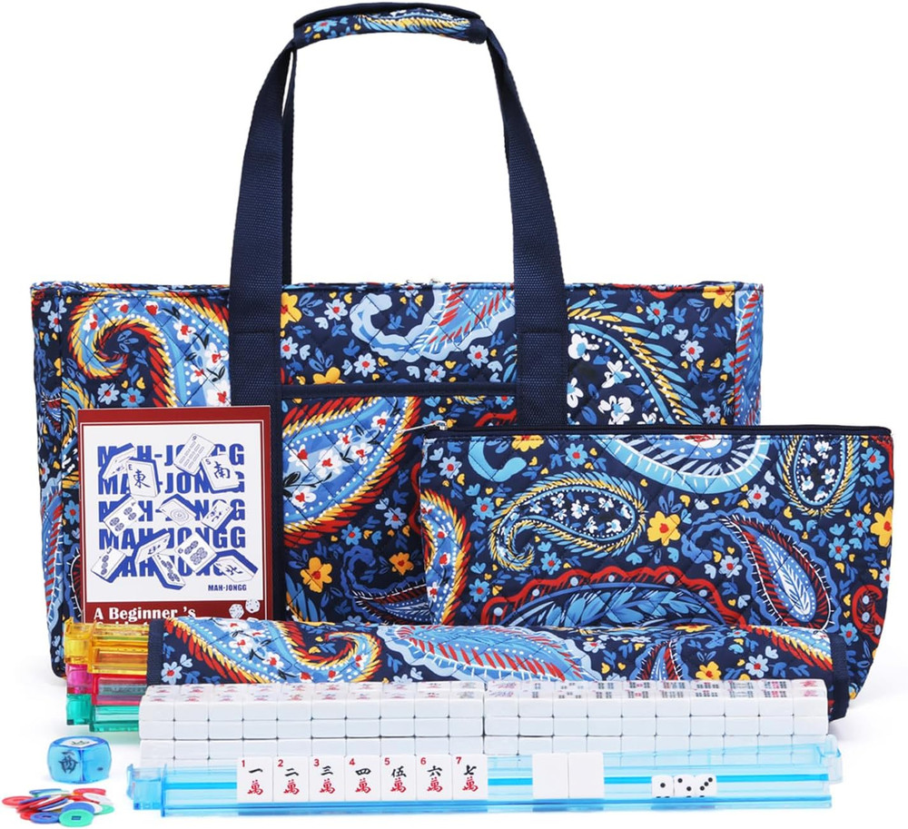 American Mahjong Tile Set with Navy Printed Carrying Bag, 166 Premium White Tile