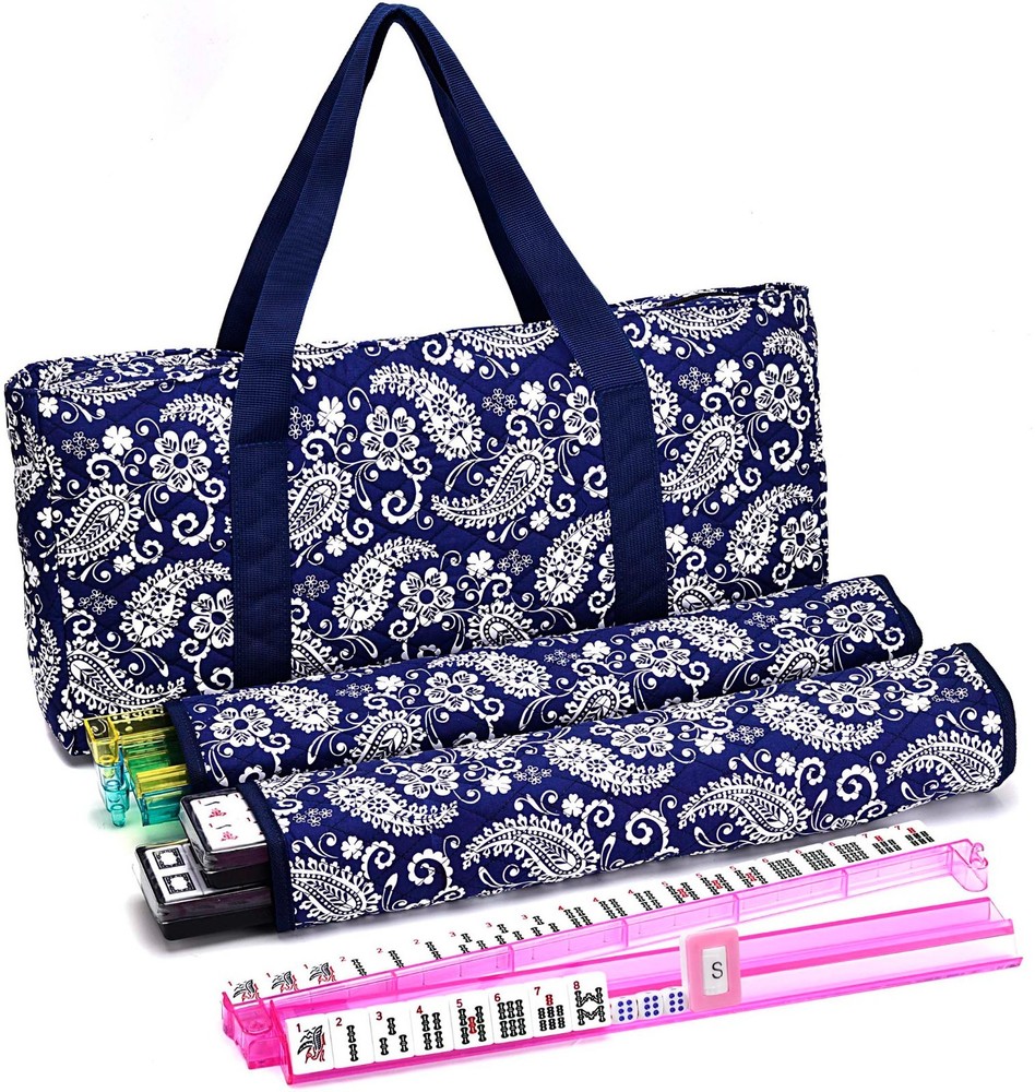 American Mahjong Set 166 Tiles Blue Paisley Bag 4 Pushers/Racks Western Mahjongg