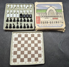 Vintage USSR Magnetic Travel Chess & Checkers Set 2in1 Soviet Board Game