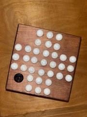 Vintage Handmade Marble Solitaire Game Solid Wood Board White Glass Marbles