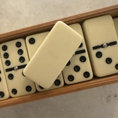 Vintage Double Six Dominoes Set Urea Pieces Metal Spin Wood Box Traditional Game