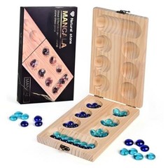 Wooden Mancala Board Game Set – Folding Board – Multi Color Glass Stones –