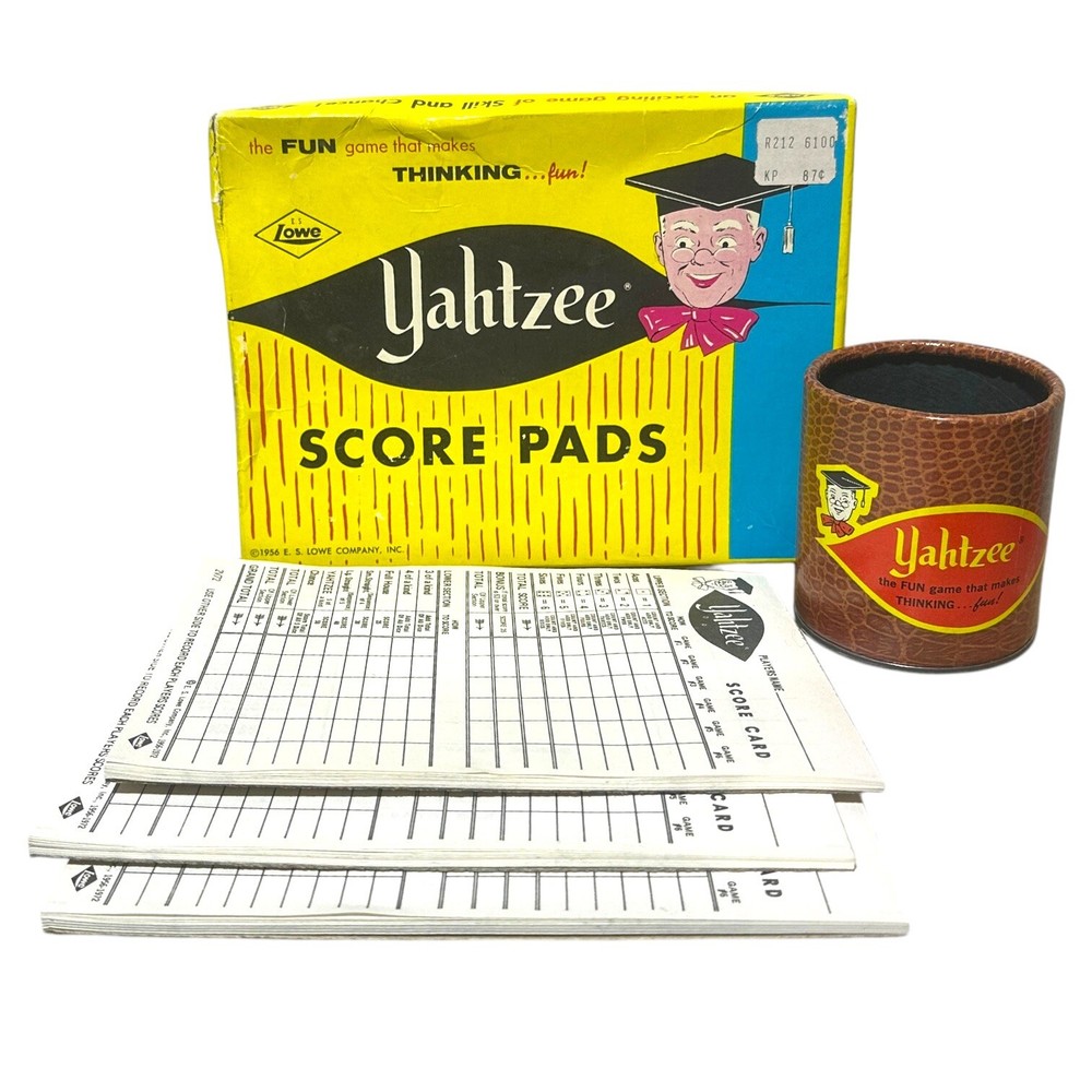 Vintage 1956 Yahtzee Scorepads Cup ES Lowe 3 pads Original Box
