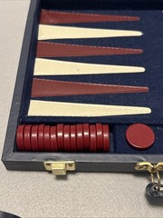 Vintage BACKGAMMON Travel Game Set Navy Blue Faux Leather Folding Case Compact