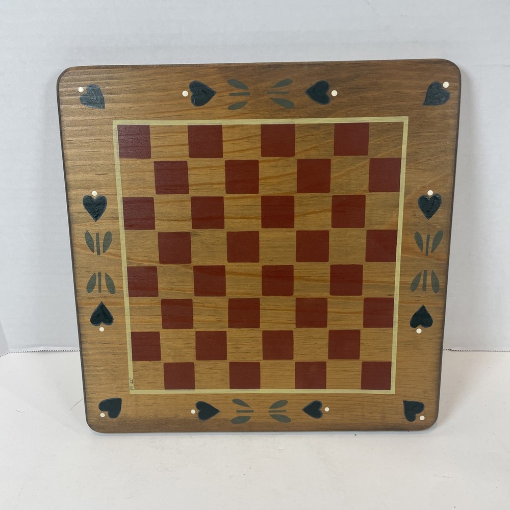 Heart and Home Checkerboard Brown Wood Folk Art Heart Painted Decor