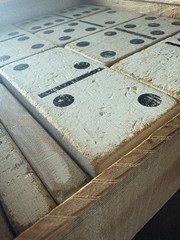 Vintage Double Six Dominoes Set of 28. Hand Made. Well Used. Wood 5.5×2.75x.75