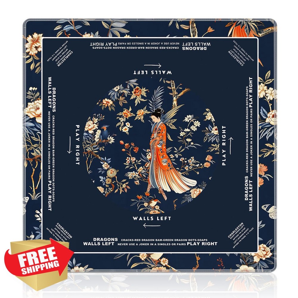 NATSUNO Navy Asian Floral Mahjong Mat 31.5×31.5 Non-Slip