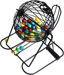 Deluxe Bingo Game Set – Metal round Cage, 75 Colored Balls, 50 Bingo