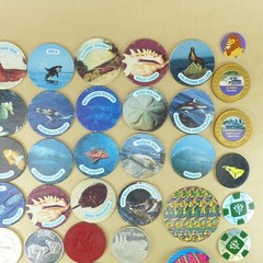 Junk Draw Lot of Coin Tokens from the 1990s. Metal, Plastic, Cardboard, Wood