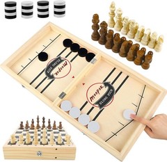 2-in-1 Fast Sling Puck Game & Chess – Wooden Battle Board for Family Fun