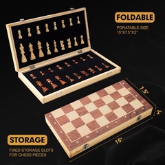 15″ x 15″ Magnetic Wooden Folding Chess Set with 2 Extra Queens, Handmade Game B