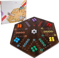 NEW 20in Wood Wahoo Marble Board Game 2 Sided 4-6 Player Rustic Brown 6Dice